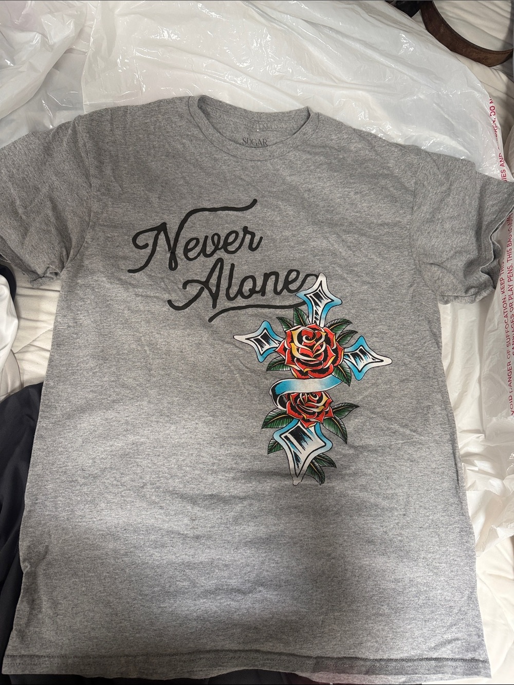 Never Alone Gray Graphic Tee with Rose Cross